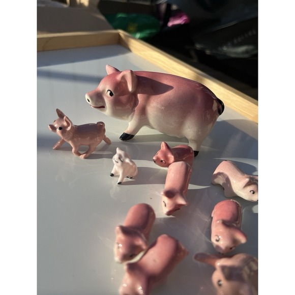 Farm Animals Mommy Pig Plus 9 Piglets Vintage Collectibles Ceramic Made In Japan - Picture 6 of 16